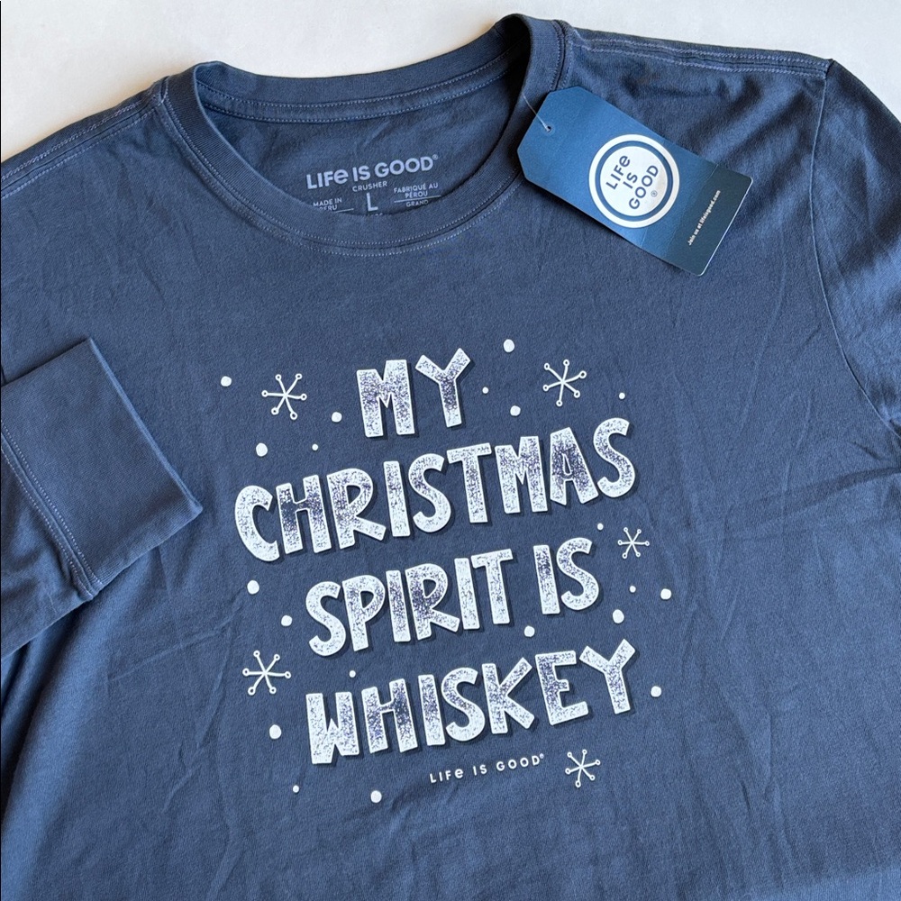 Life Is Good Christmas Spirit Is Whiskey Long Sleeve Crusher Tshirt Mens Large‎